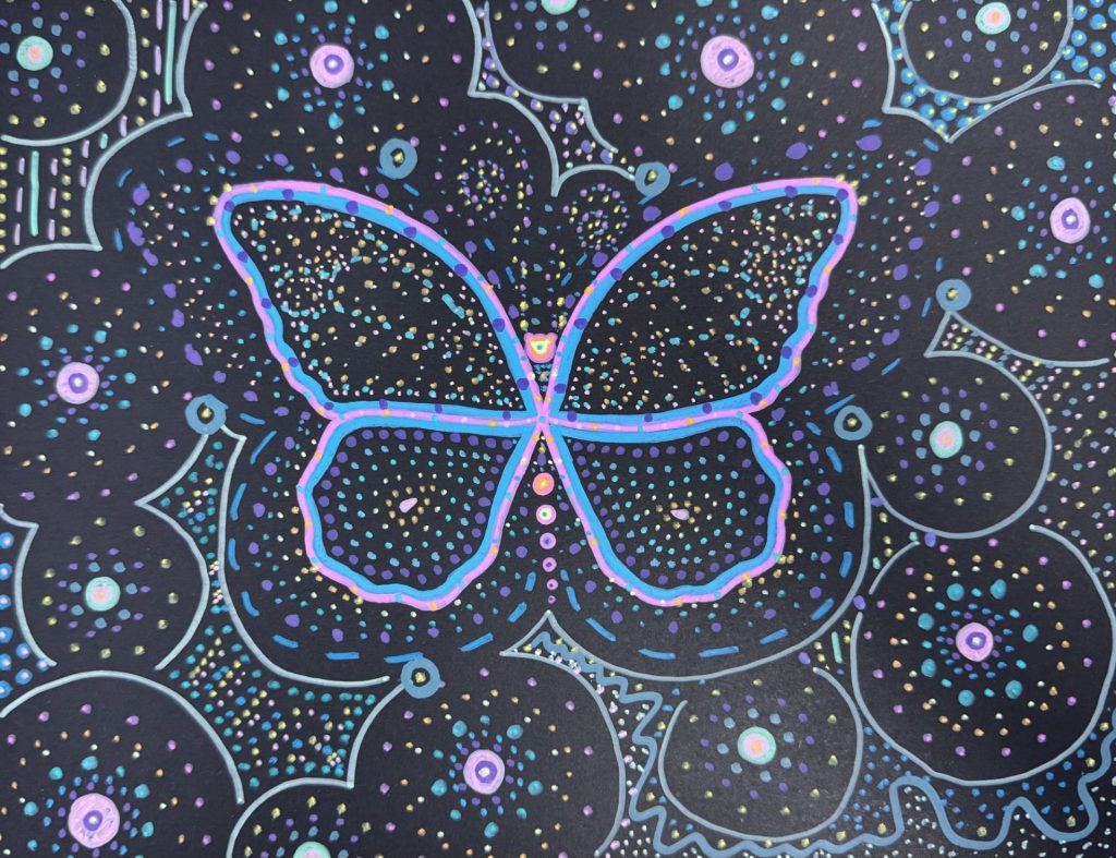 Butterfly painting inspired by traditional Aboriginal art and cultural themes