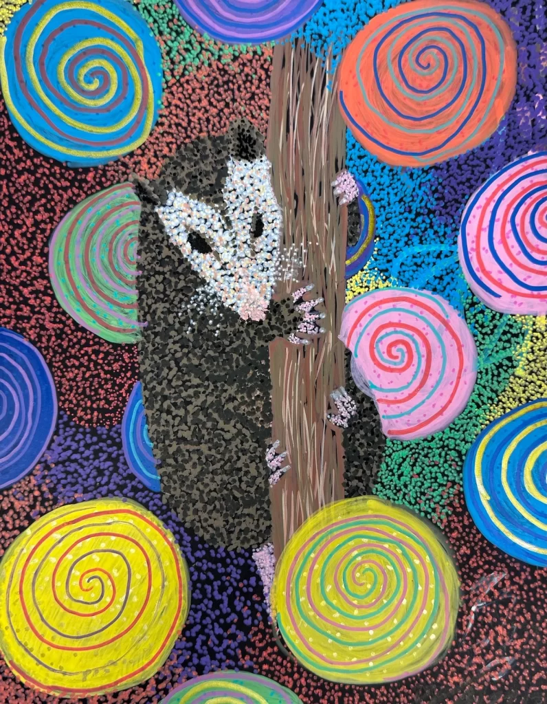 Possum painting inspired by traditional Aboriginal art and cultural themes